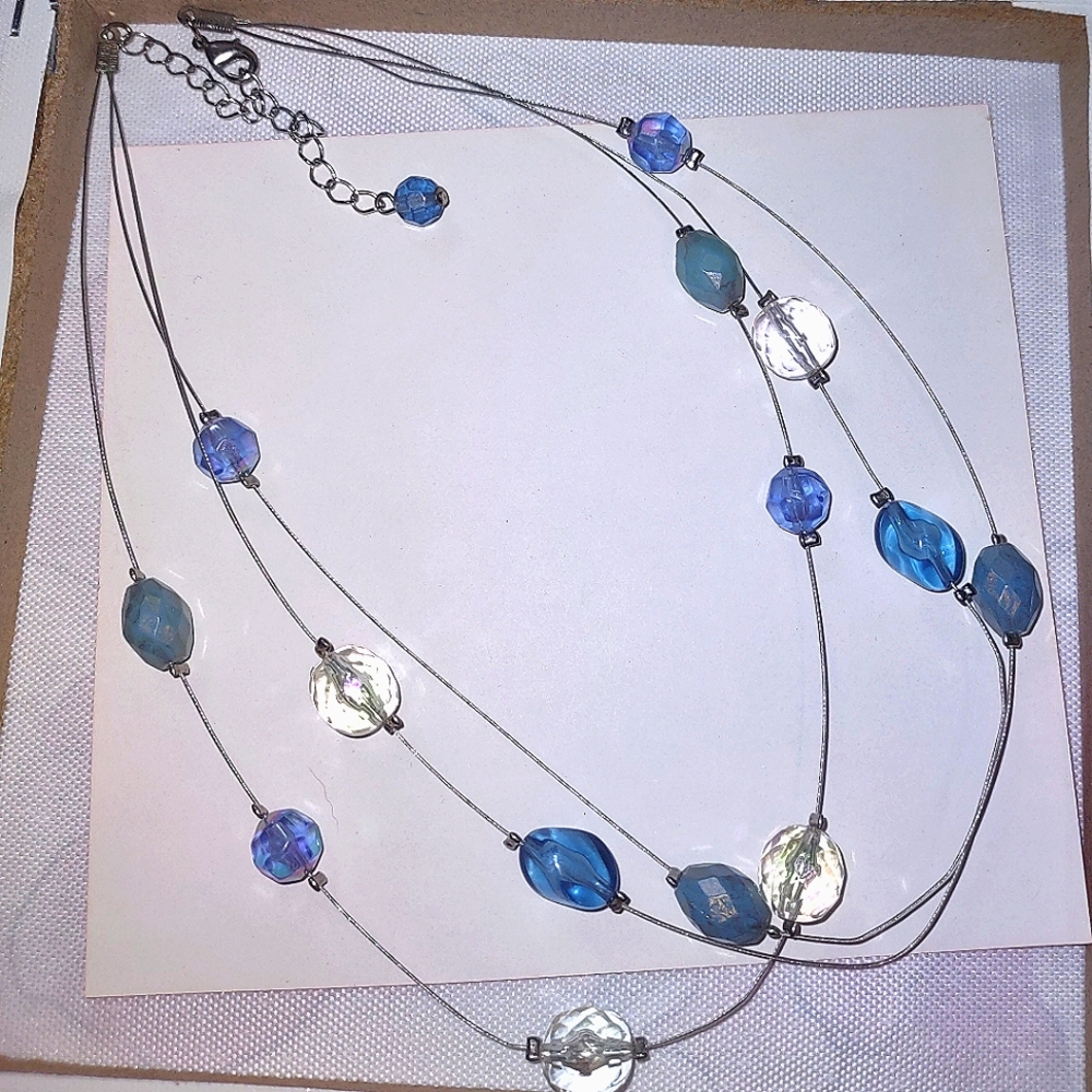 FREE Wire Beaded 3-strand Blue & Clear Colors Necklace